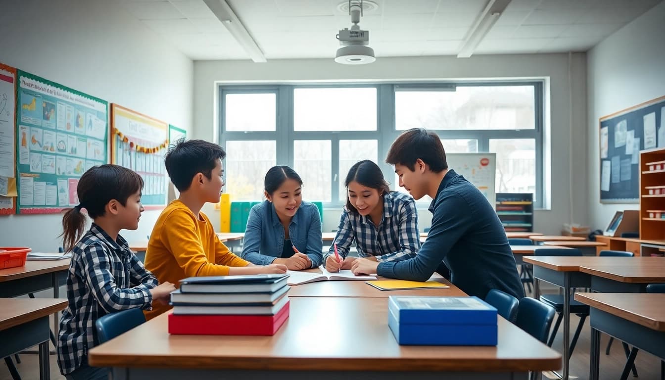 Enhance Education by showcasing active learning among engaged students in a vibrant classroom.