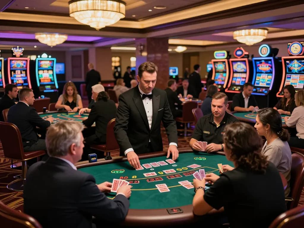 Players at the blackjack tables enjoying their experience on Trang chủ 8LIVE in a vibrant casino setting