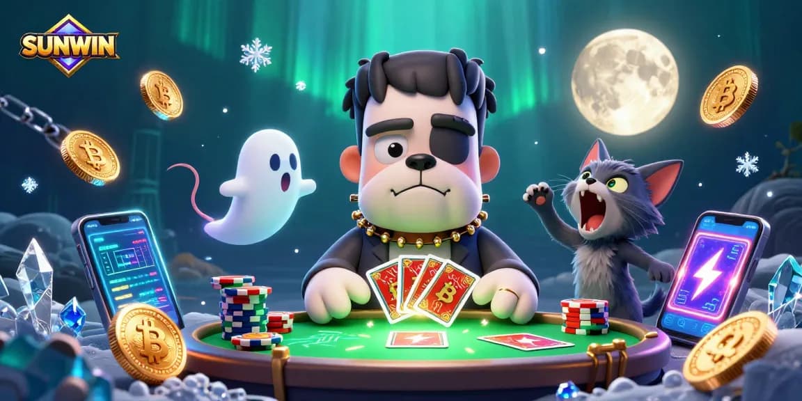 SUNWIN offers lively gaming fun with a 3D Frankenstein bulldog dealer, ghost mouse, and werewolf kitten at a vibrant illuminated casino table.