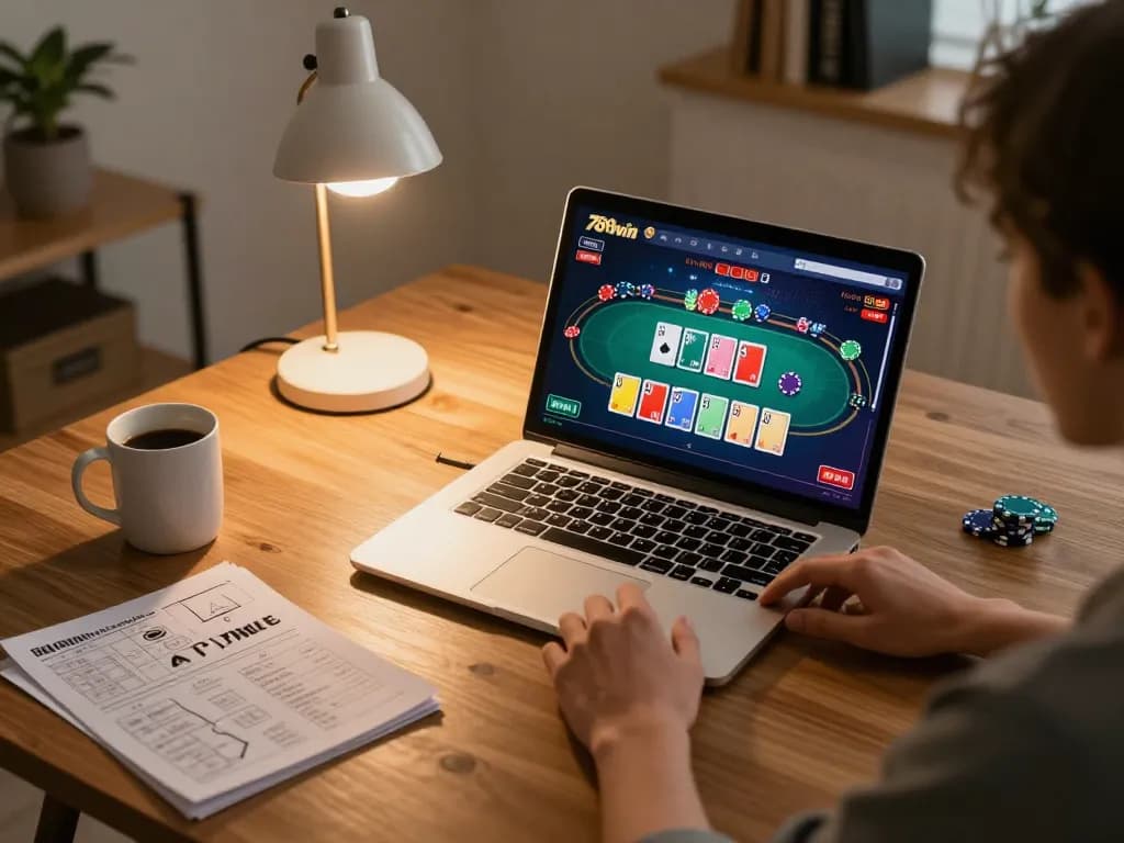 Engaging in 789win online poker with colorful chips and cards on a sleek laptop.