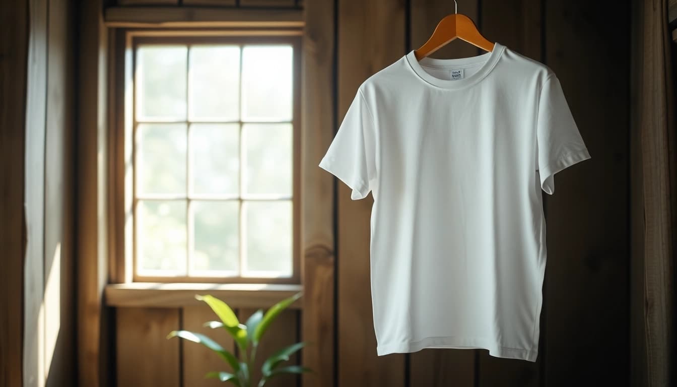 Showcase of a blank white t shirt in a rustic setting with natural lighting.