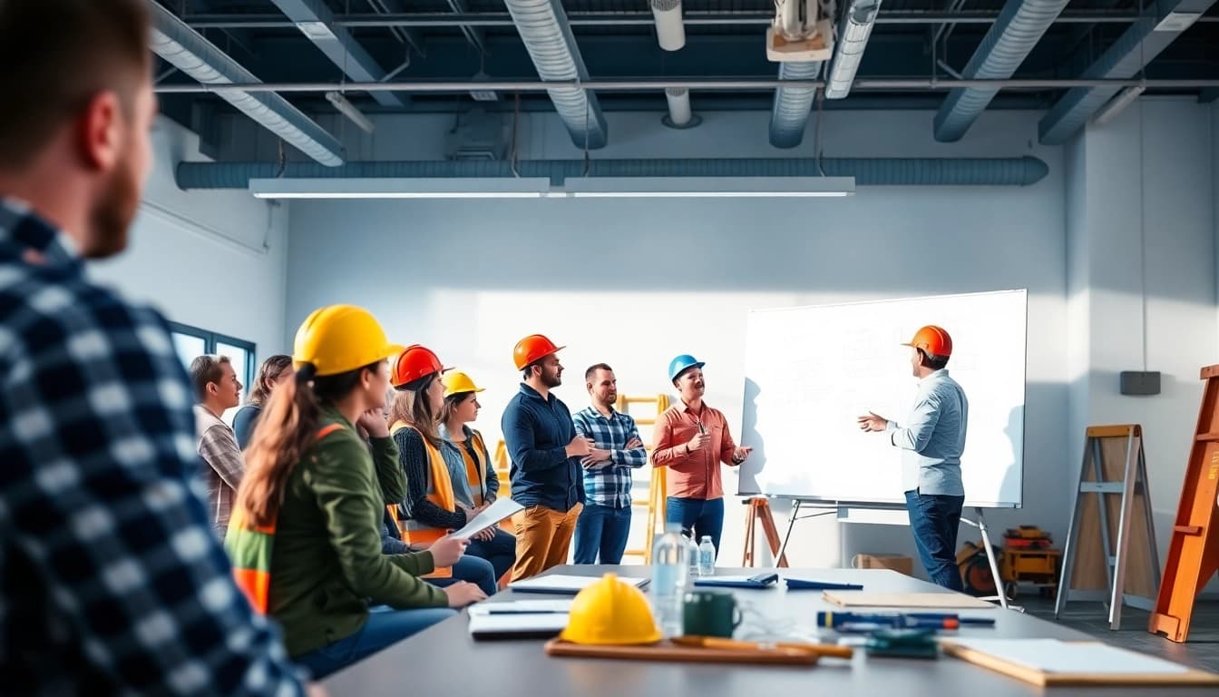 Participants engaged in construction training with a professional instructor demonstrating techniques.