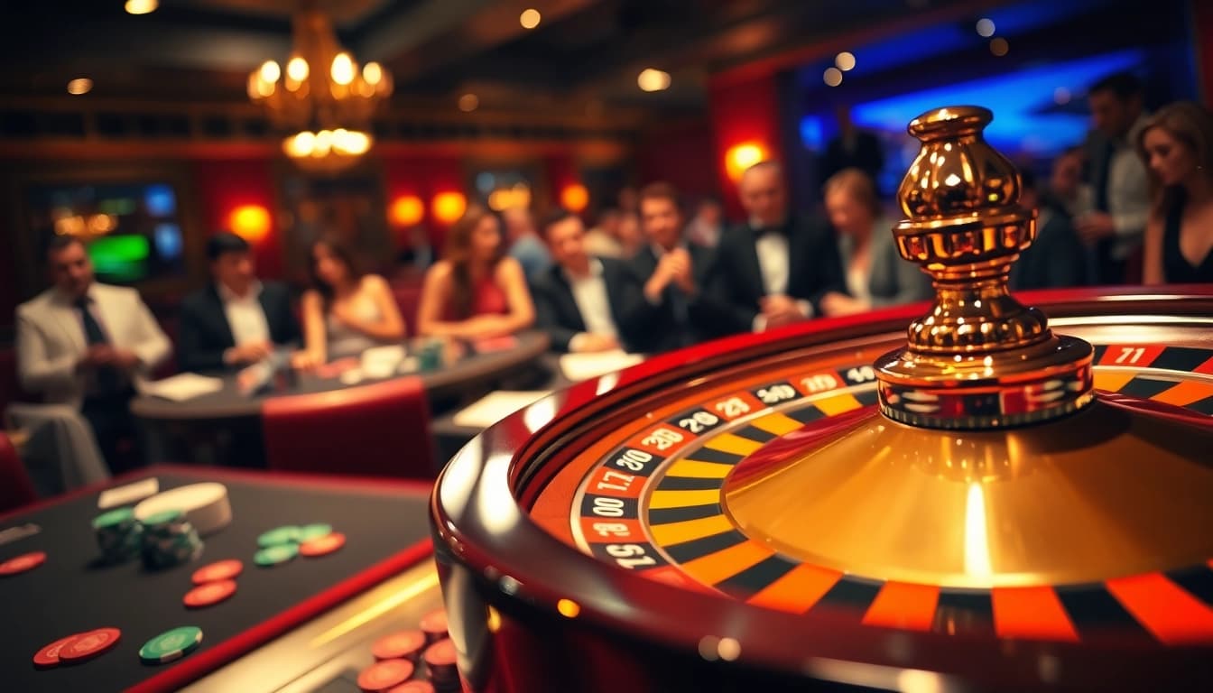 Bermain slot online di kasino yang mewah dengan suasana meriah dan chip warna-warni.
