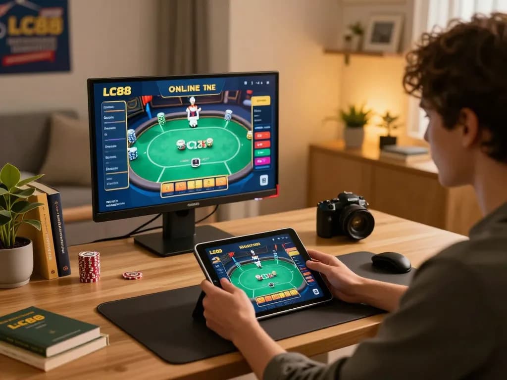 Player enjoying online gaming on LC88, cozy home setting with poker game interface