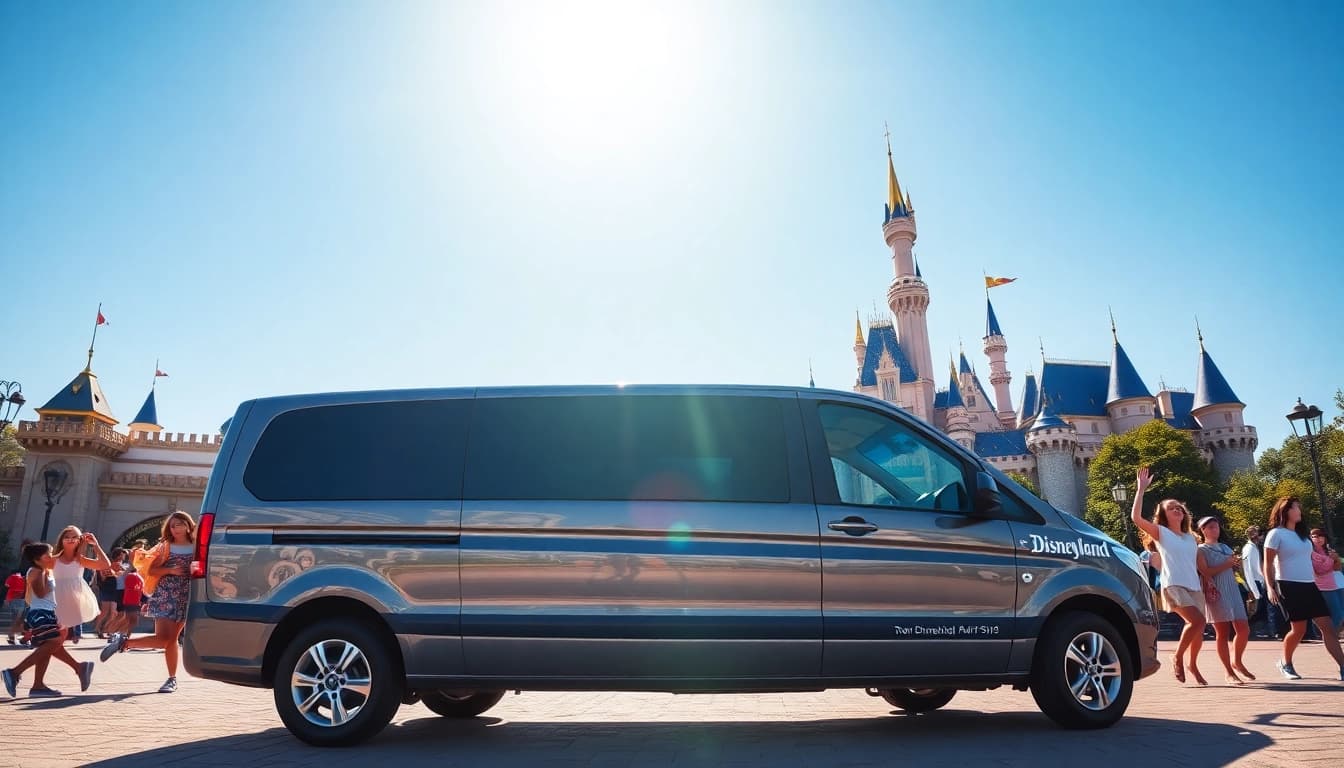Reliable Disneyland Paris airport transfer services featuring a cheerful family at the iconic park's entrance.