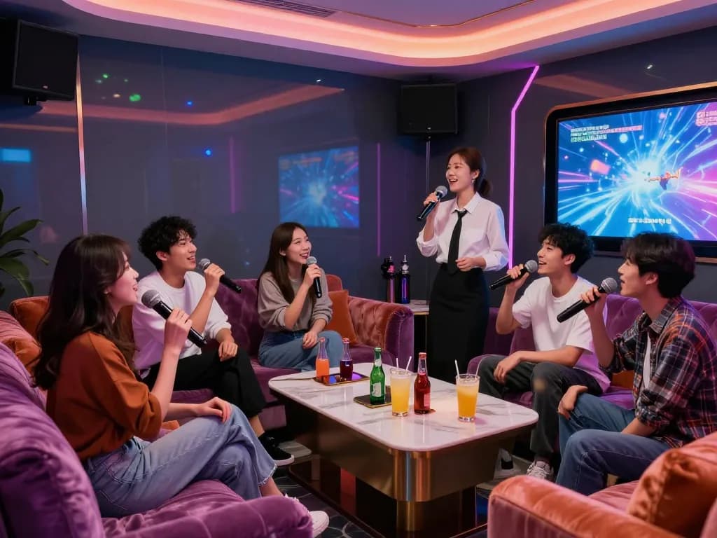 인천쓰리노 손님들이 활기찬 환경에서 친절한 호스티스와 함께 즐거운 노래방 경험을 하고 있습니다.