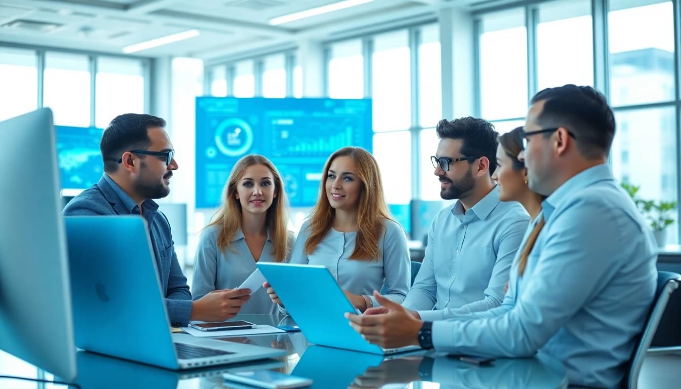 Showcasing Fredericksburg IT Companies collaborating effectively in a modern office setting.