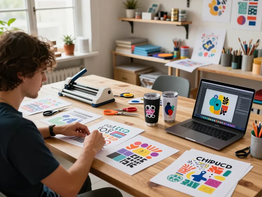 SVG bundle designs displayed on a craft table, showcasing vibrant creativity and crafting materials.