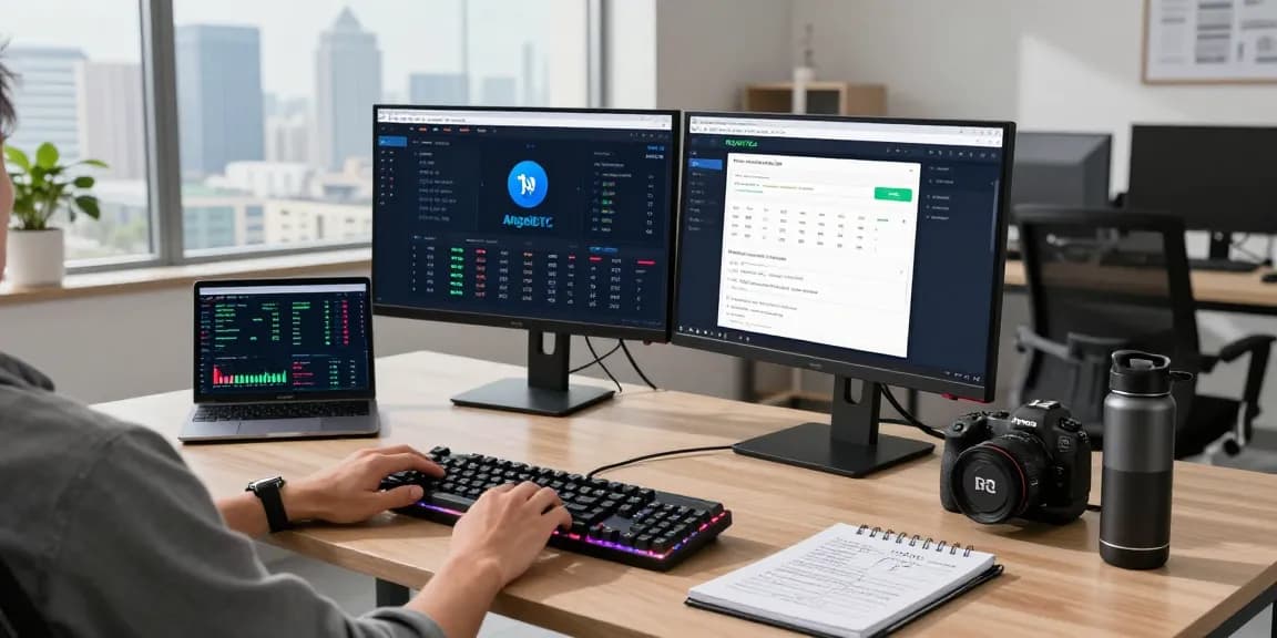 Legit cloud mining platform workspace featuring dual monitors, crypto charts, and AngelBTC interface in a professional office.