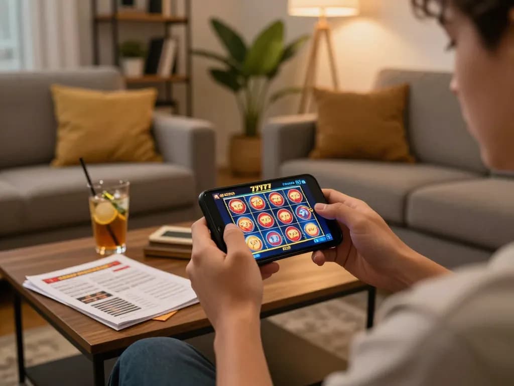 Engaging in slot777 gacor mobile gaming from home, showcasing a cozy atmosphere and strategic betting notes.