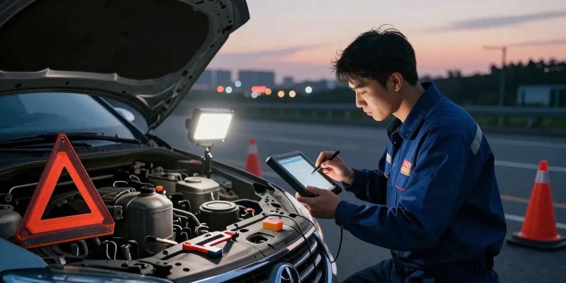 Technician diagnosing Adblue in diesel car contamination on roadside at dusk, showcasing professionalism and urgency.