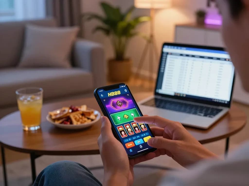 Player enjoying the HB88 casino app on smartphone with vibrant gaming interface in cozy home setting