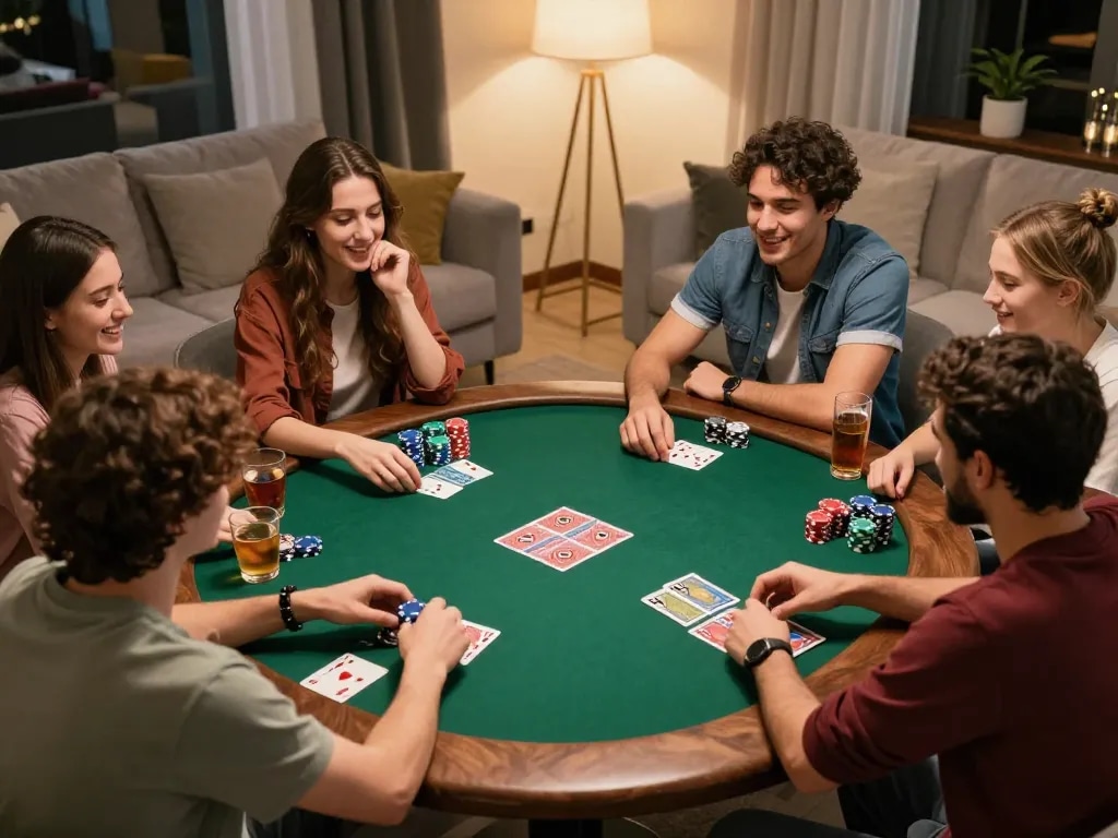 nhà cái 388bet players enjoying poker night with friends and chips at home
