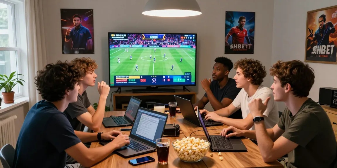Group enjoying online betting on trang chủ shbet with live sports events, gaming devices, and snacks.