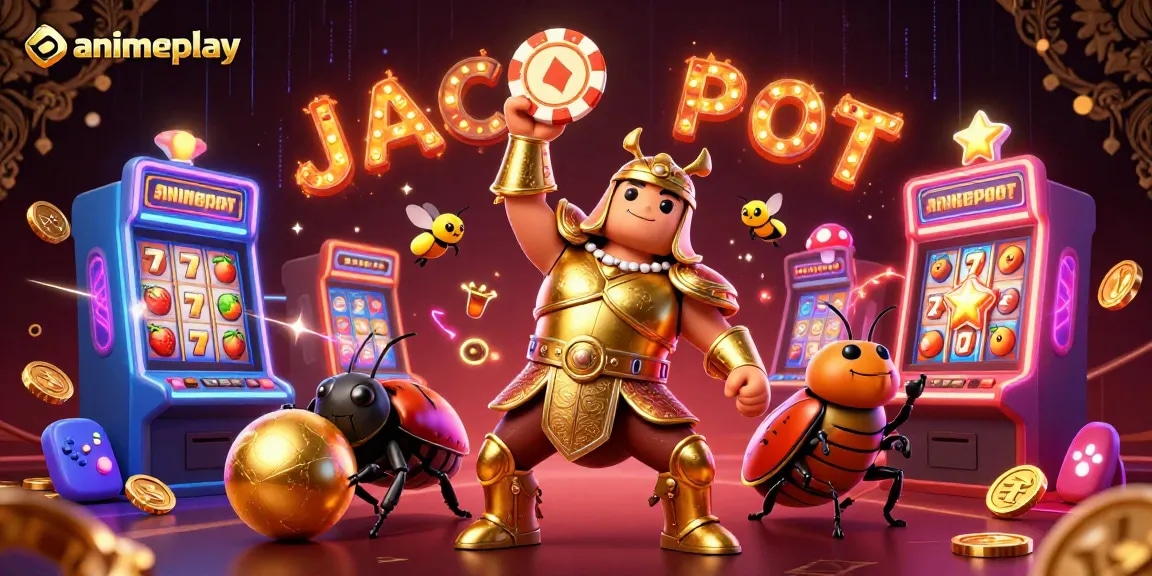 Tampilkan animeplay saat menang besar dengan kasino dan simbol jackpot yang bersinar.