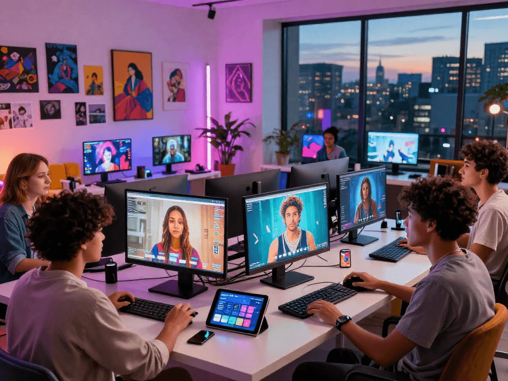 AI porn creation studio with diverse group collaborating on innovative adult content projects
