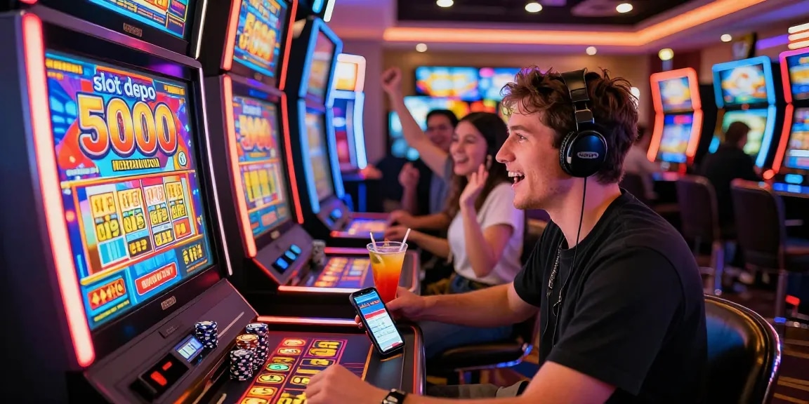 Engaged player at a casino slot depo 5000 machine with friends and drinks nearby.