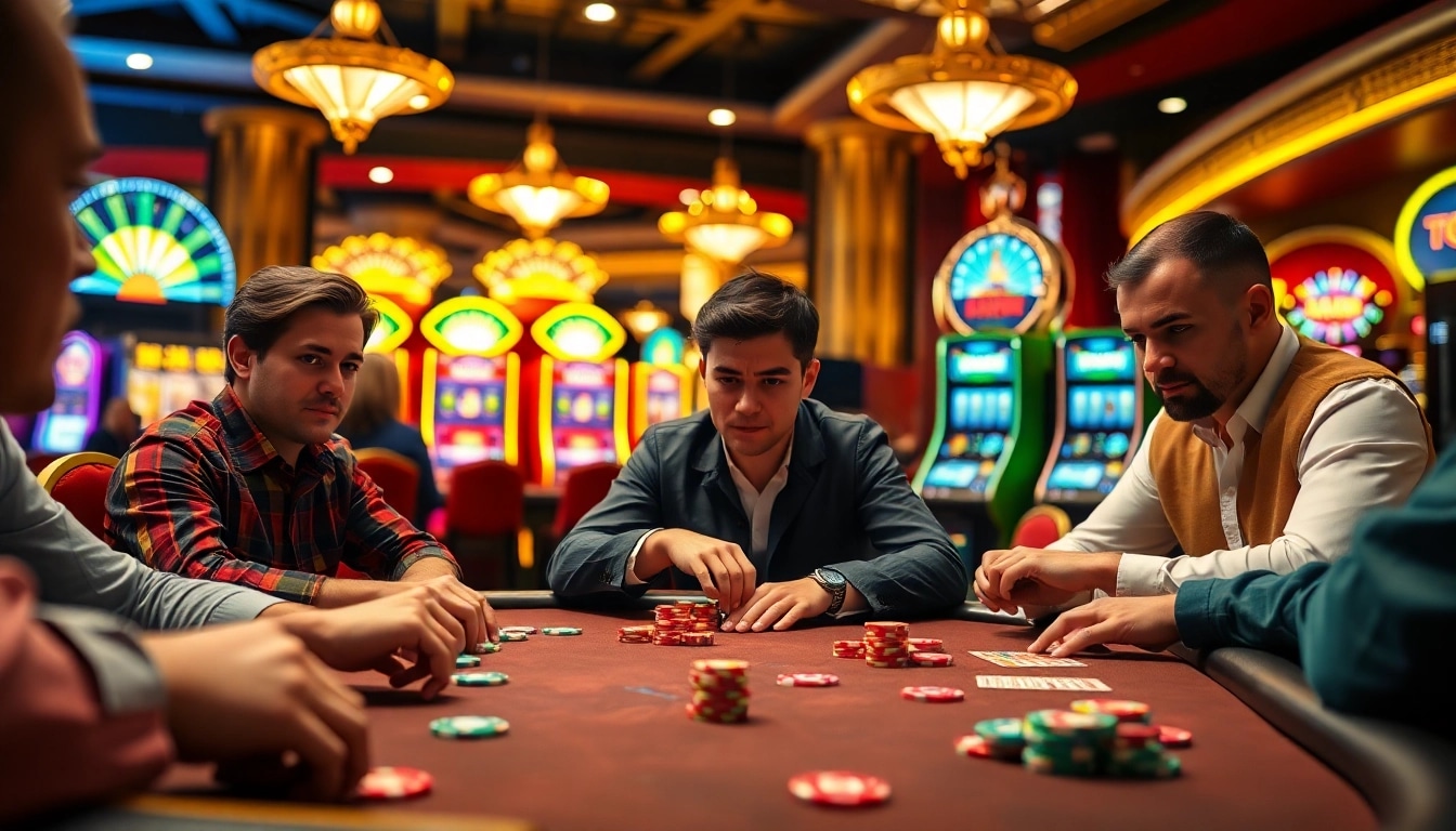 Bermain di kasino dengan bbni4d, pemain poker berkonsentrasi di meja permainan yang mewah.