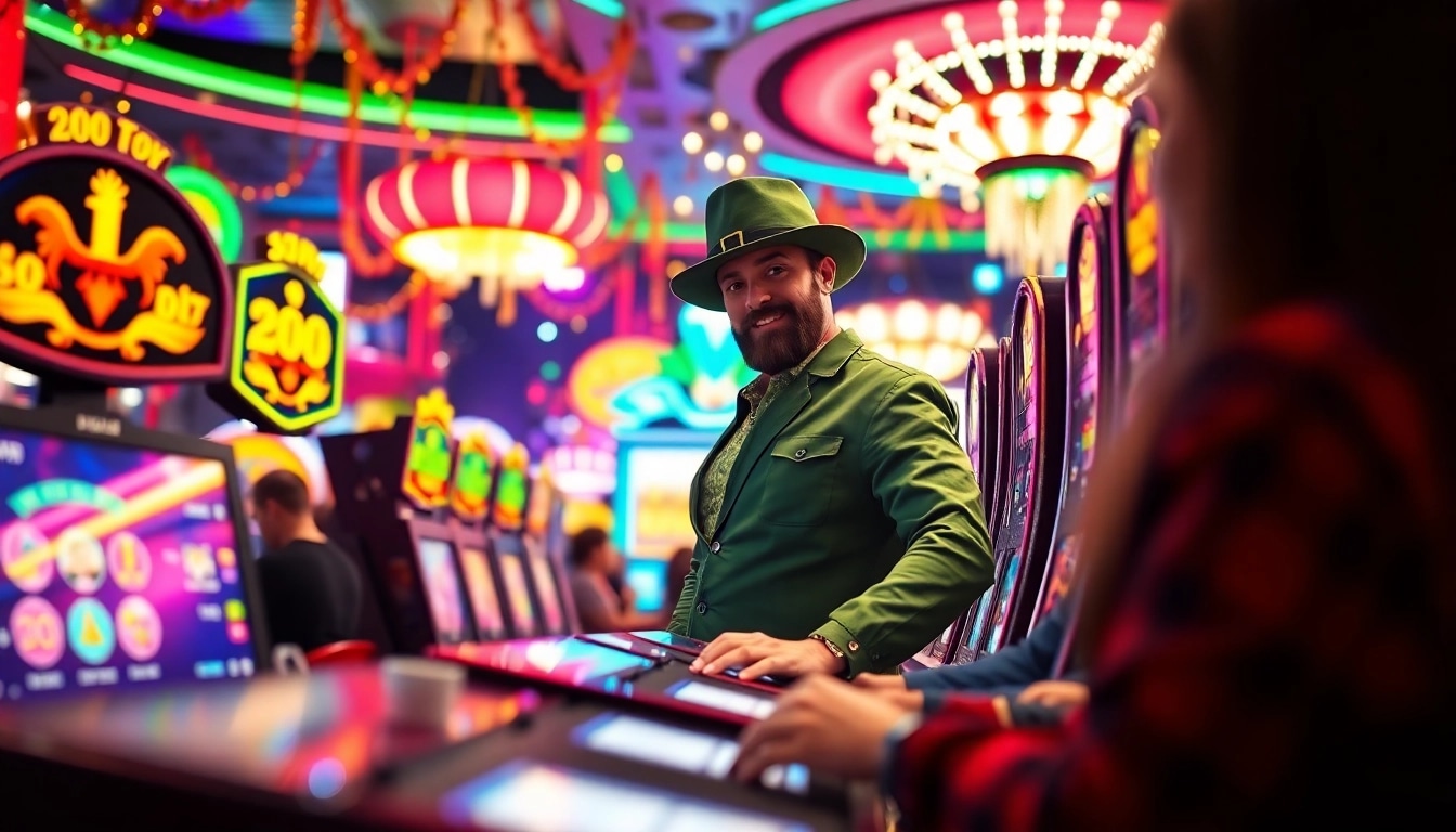 Vegas hero engages players in a lively casino atmosphere filled with bright slots and neon lights.