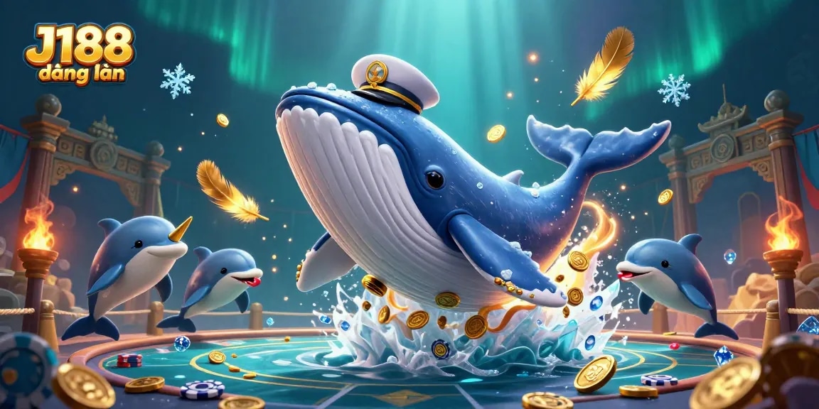 Engage in thrilling gameplay with J188 đăng nhập, featuring a whale and dolphins amidst a gold coin sea.