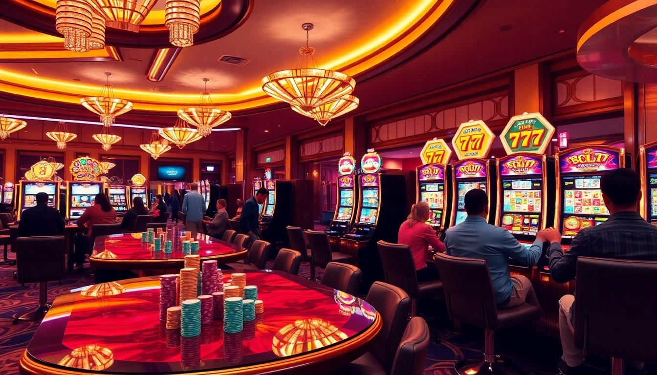 Experience the thrill of idn slot 777 at a vibrant casino with spinning slot machines and excited players.