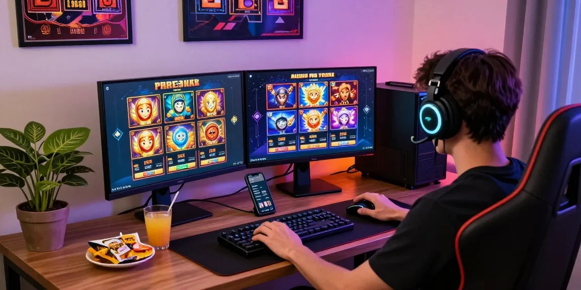Engaging person playing slot online games at stylish home setup with dual monitors and gaming accessories.