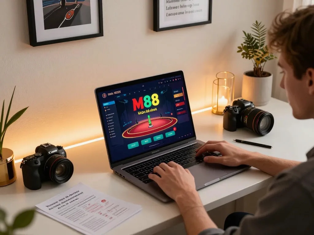M88 không bị chặn hiển thị trên một chiếc laptop trong một không gian chơi game ấm cúng, cho thấy người dùng hoàn toàn tập trung vào trò chơi casino trực tuyến.