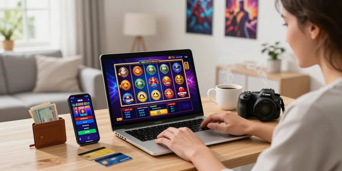 Exciting online shopping experience highlighting slot deposit 1k opportunities with vibrant game graphics and cozy home setting.
