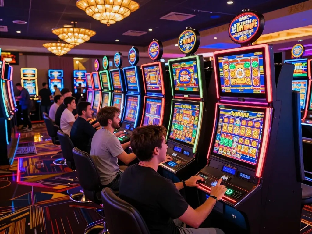 Players engaging in slot gacor hari ini action at vibrant casino machines, illuminated excitement fills the air