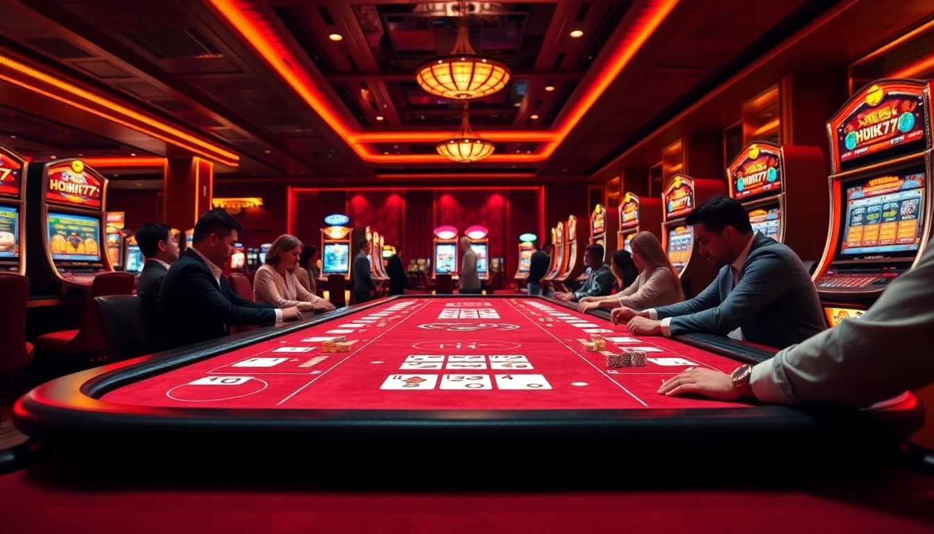 Experience thrilling gameplay at Hoki77 with vibrant casino tables and engaging slot machines.