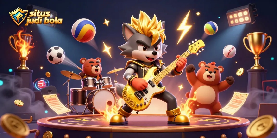 Experience exciting situs judi bola with a rock star wolf performing in a vibrant casino scene.