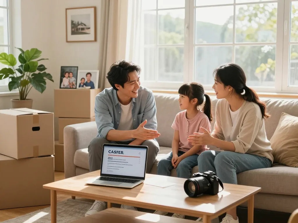 Family discussing fast cash for homes in a cozy living room with moving boxes.
