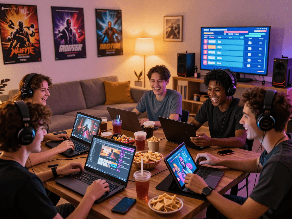 Engaged players enjoying popular adult games on various devices in a cozy environment.
