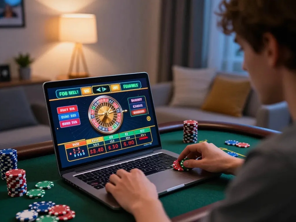 Winstrike69 player engaging with an exciting online roulette game at home for strategic betting.