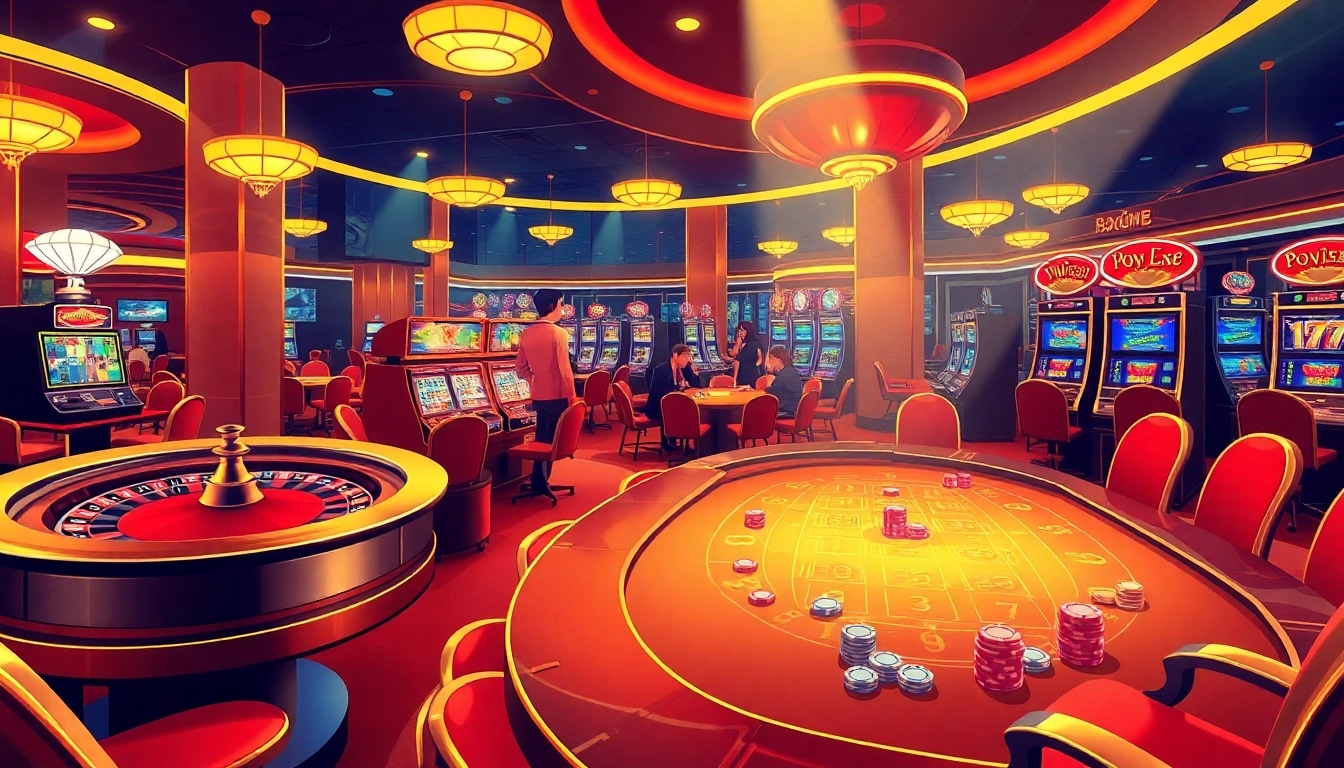 Experience the thrill of gaming with the vibrant xx88 link casino scene featuring tables and slot machines.