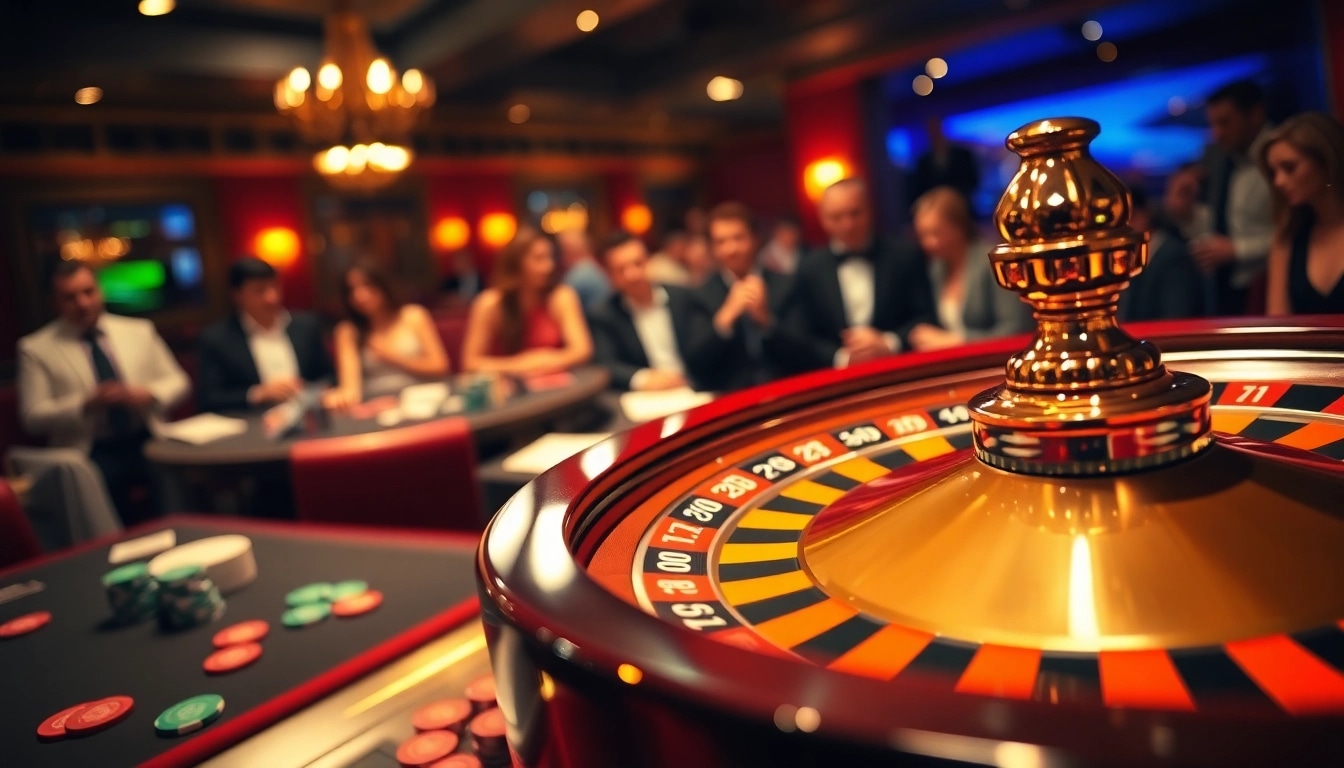 Bermain slot online di kasino yang mewah dengan suasana meriah dan chip warna-warni.