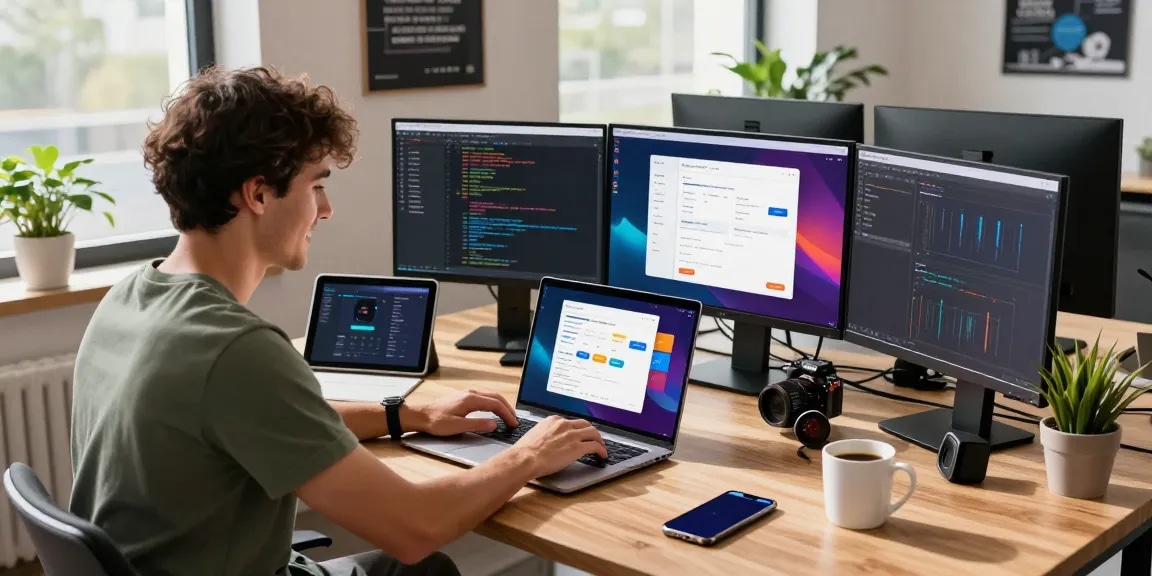 Engaging workspace for developing 纸飞机中文版 app, featuring a developer surrounded by tech gadgets.