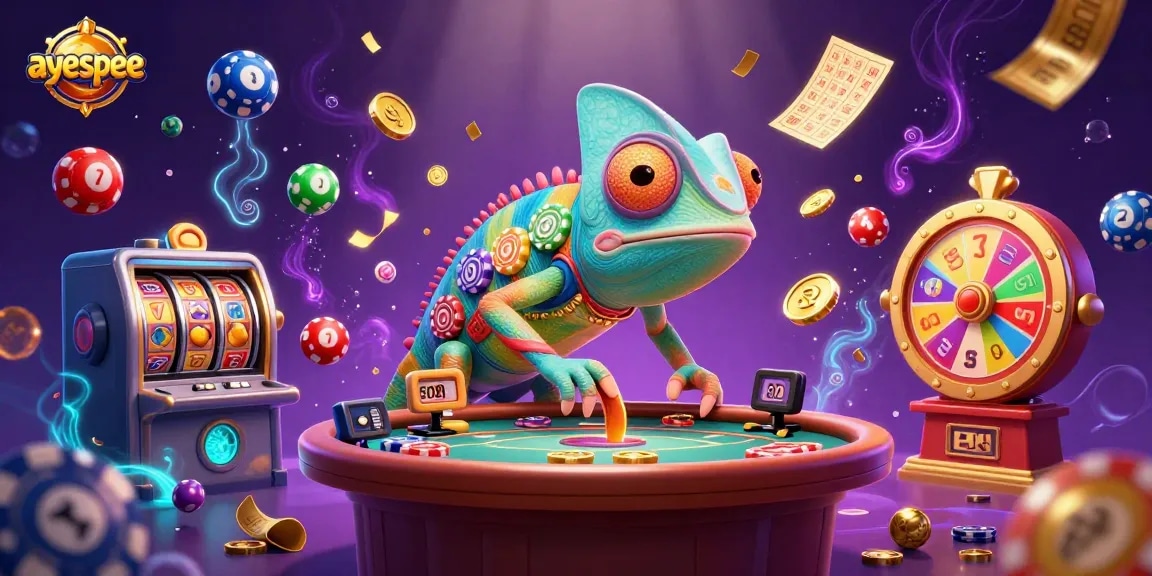 Akses permainan dengan ayespee yang menampilkan berbagai simbol slot modern dan chameleon casino berwarna cerah.