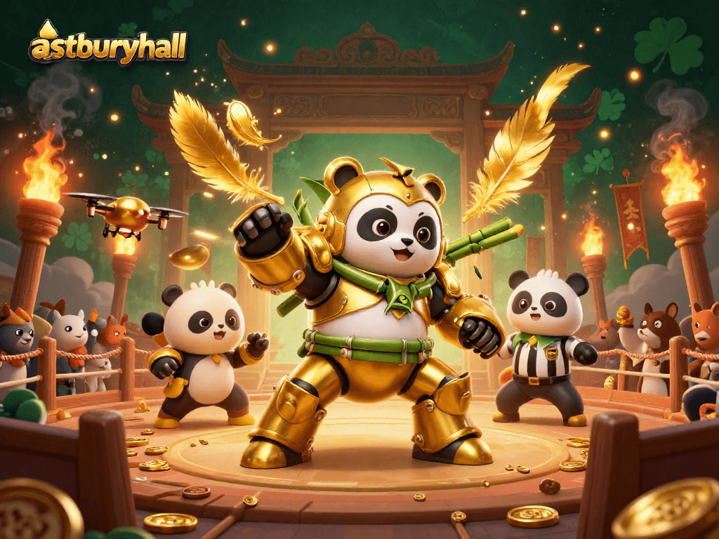 Engage with astburyhall’s vibrant 3D casino scene featuring a mech-suit panda in action with exciting game elements.