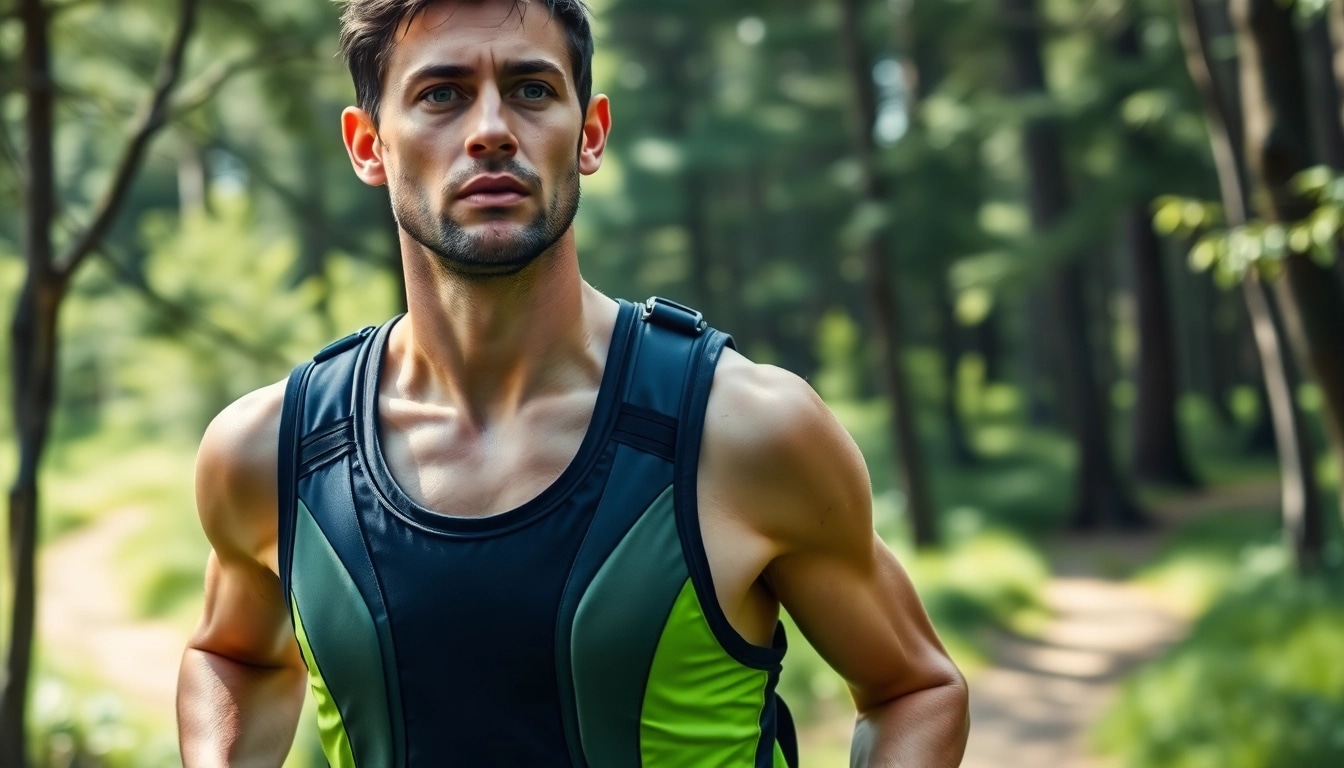 Runner wearing a hydration pack vest on a forest trail, showcasing durability and style.