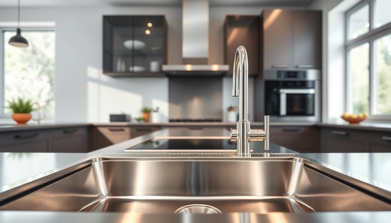 Exquisite kitchen sink in stainless steel with a polished finish in a stylish modern kitchen.