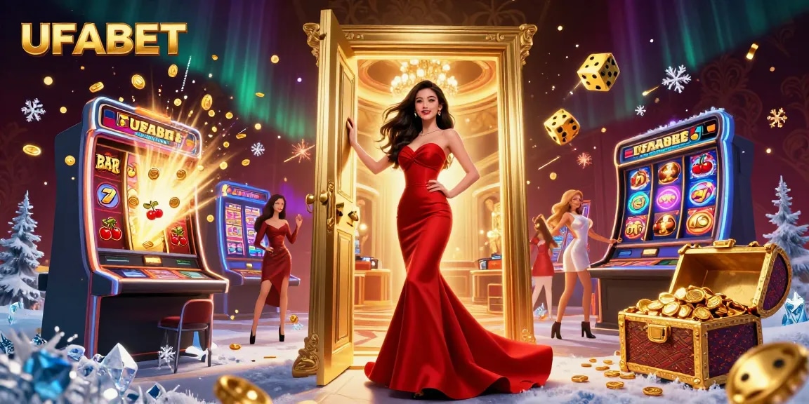 Experience the excitement of UFABET with a stunning casino illustration showcasing jackpots, slots, and luxury gaming.