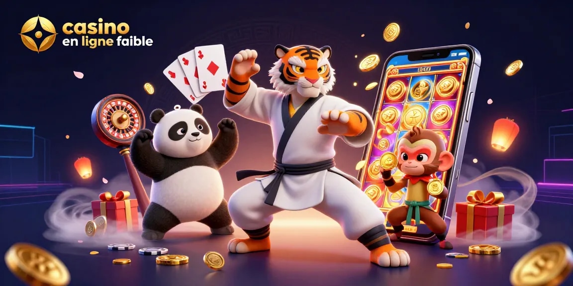 Plongez dans l'univers du casino en ligne fiable avec un maître tigre et ses élèves jouant aux machines à sous.