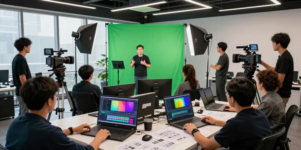 Singapore's leading corporate video production company team collaborating creatively in a modern studio environment.