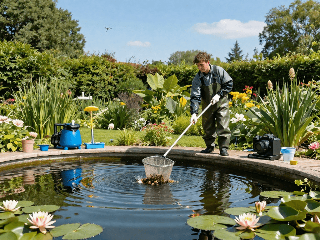 Pond Cleaning Essex service with a professional cleaning pond filled with water lilies.