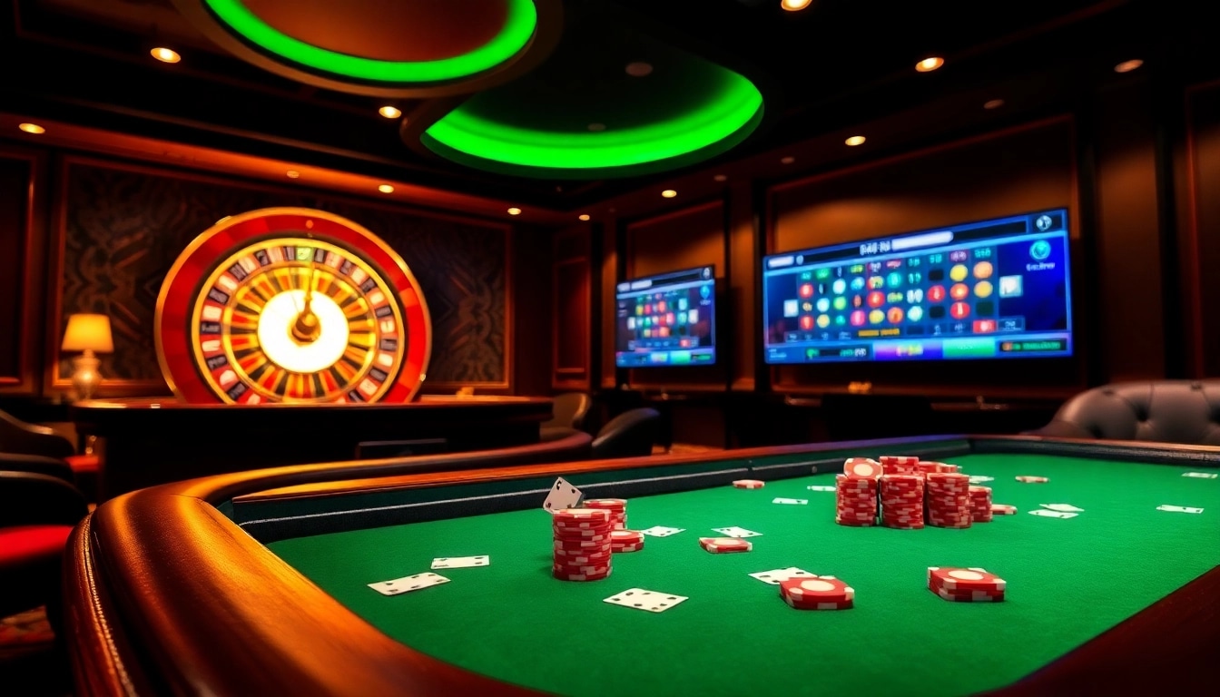 Experience the excitement at rr88.com with engaging casino tables, poker chips, and vibrant roulette wheels.