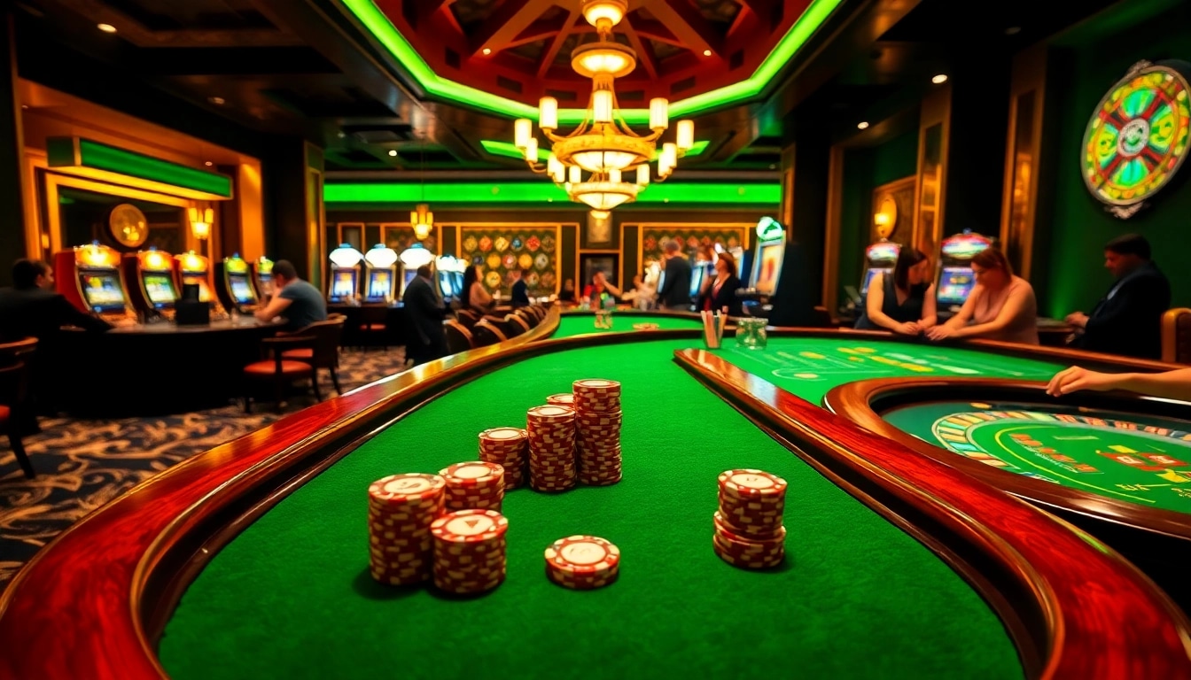 Exciting casino atmosphere showcasing new 66 gaming with poker tables and vibrant slot machines.