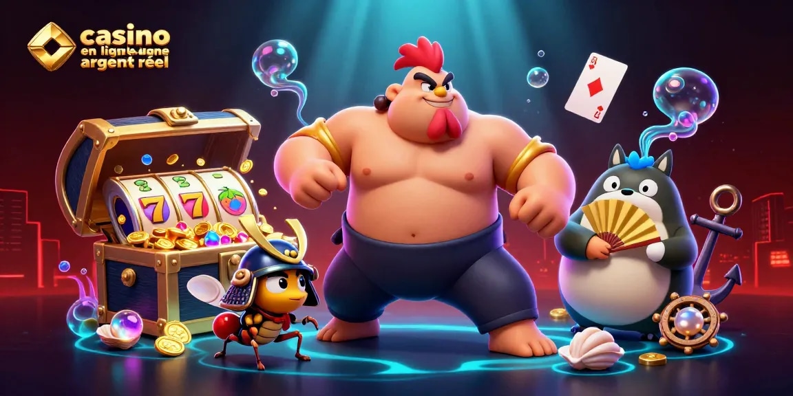Illustration 3D d'un casino en ligne argent réel avec un coq sumo et une grue samouraï animant le jeu