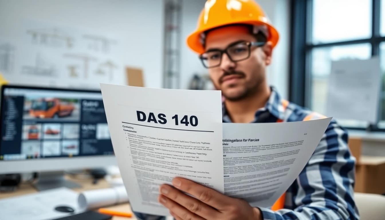 Reviewing the DAS 140 form in a professional construction setting with blueprints.