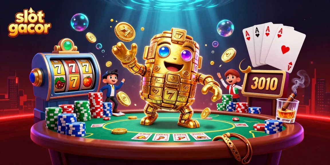 Experience slot gacor action with vibrant slot machines, poker elements, and rewards in electrifying 3D art.
